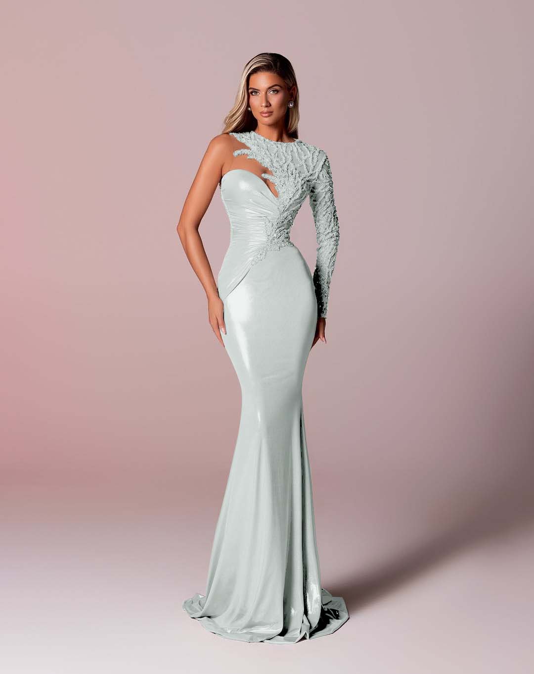 Asymmetric Neckline Single-Sided Long Sleeve Long Mermaid Prom Dress