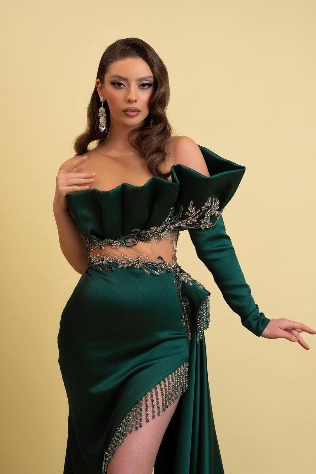 Dark Green Long Sleeves Charmeuse Prom Dress with Tassel