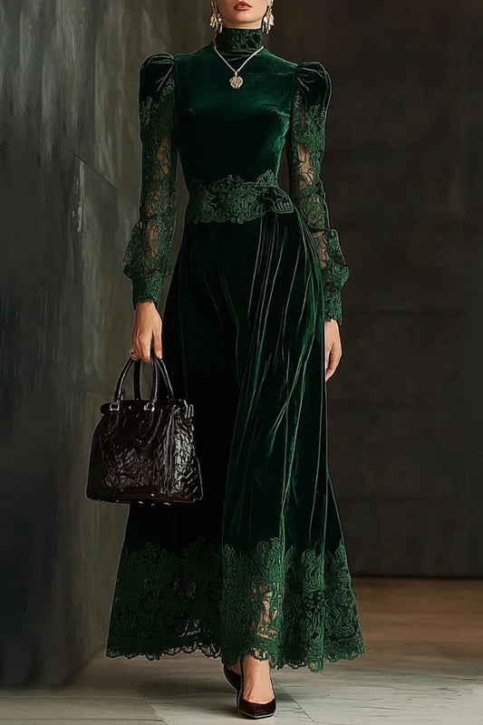 Water-Soluble Lace Trim High Neck Cinch Waist Velvet Maxi Dress