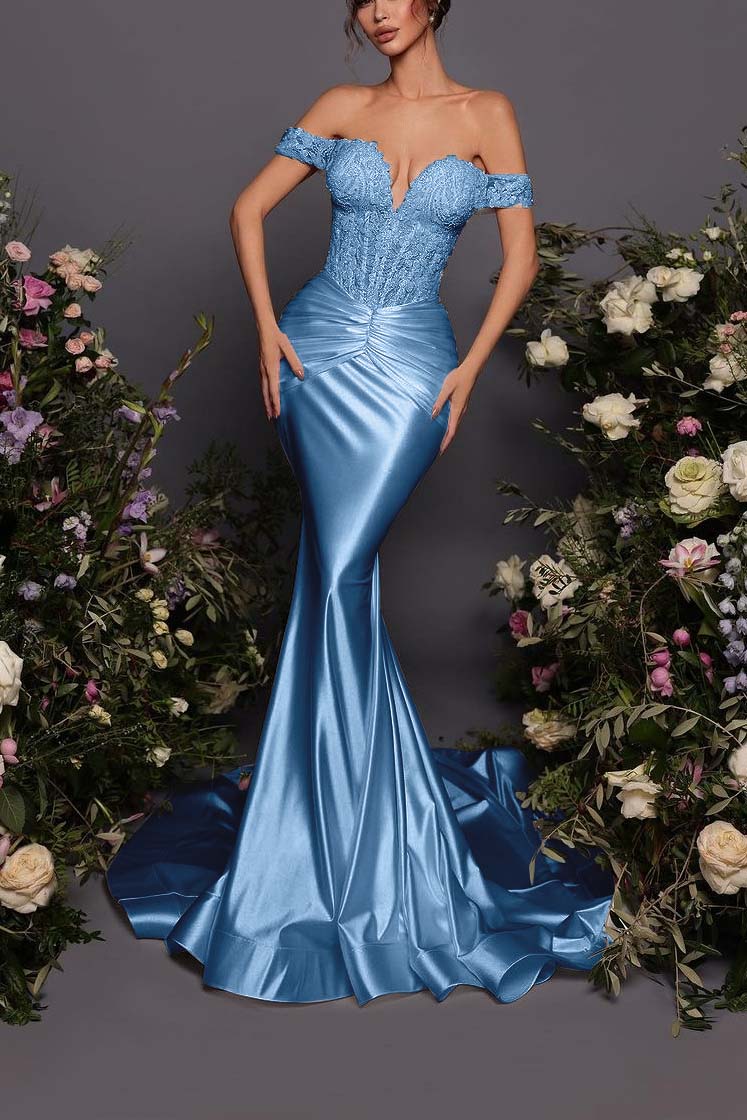 Off The Shoulder Sleeveless Long Mermaid Prom Dress With Pleated