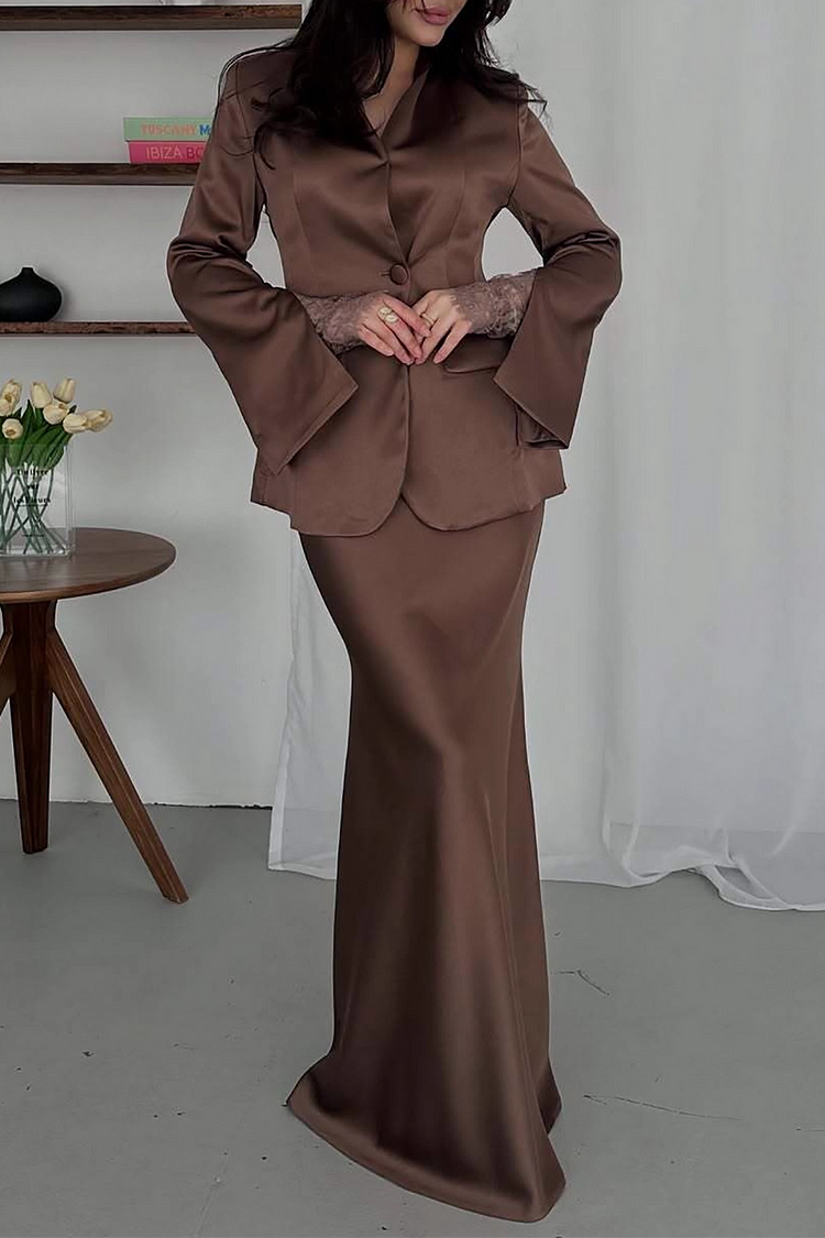 V Neck Slit Long Sleeve Blazer Solid Color Satin Maxi Dress