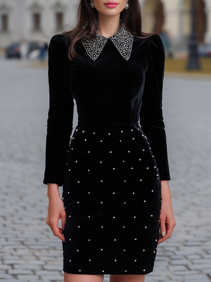 Embellished Collar Velvet Dress With Beaded Skirt