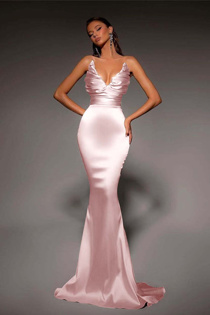 Strapless V Neck Sleeveless Long Mermaid Prom Dress With Pleated