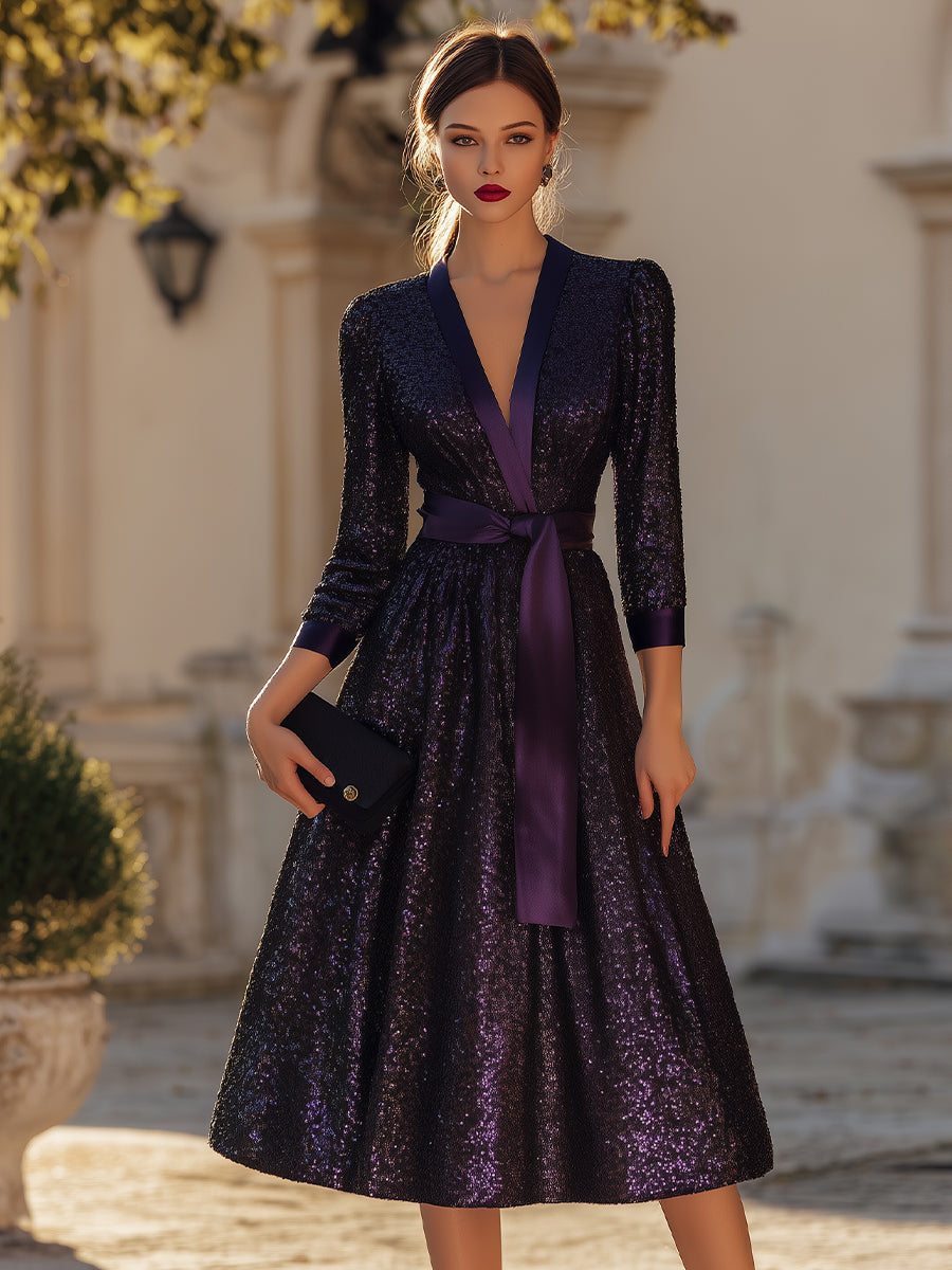 Deep V-Neck Belted Midi Dress