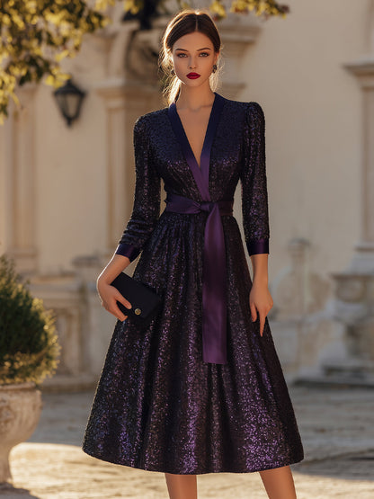 Deep V-Neck Belted Midi Dress