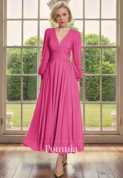 A-Line V-Neck Long Sleeves Appliques Pleated Long Mother of the Bride Dress