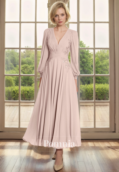 A-Line V-Neck Long Sleeves Appliques Pleated Long Mother of the Bride Dress