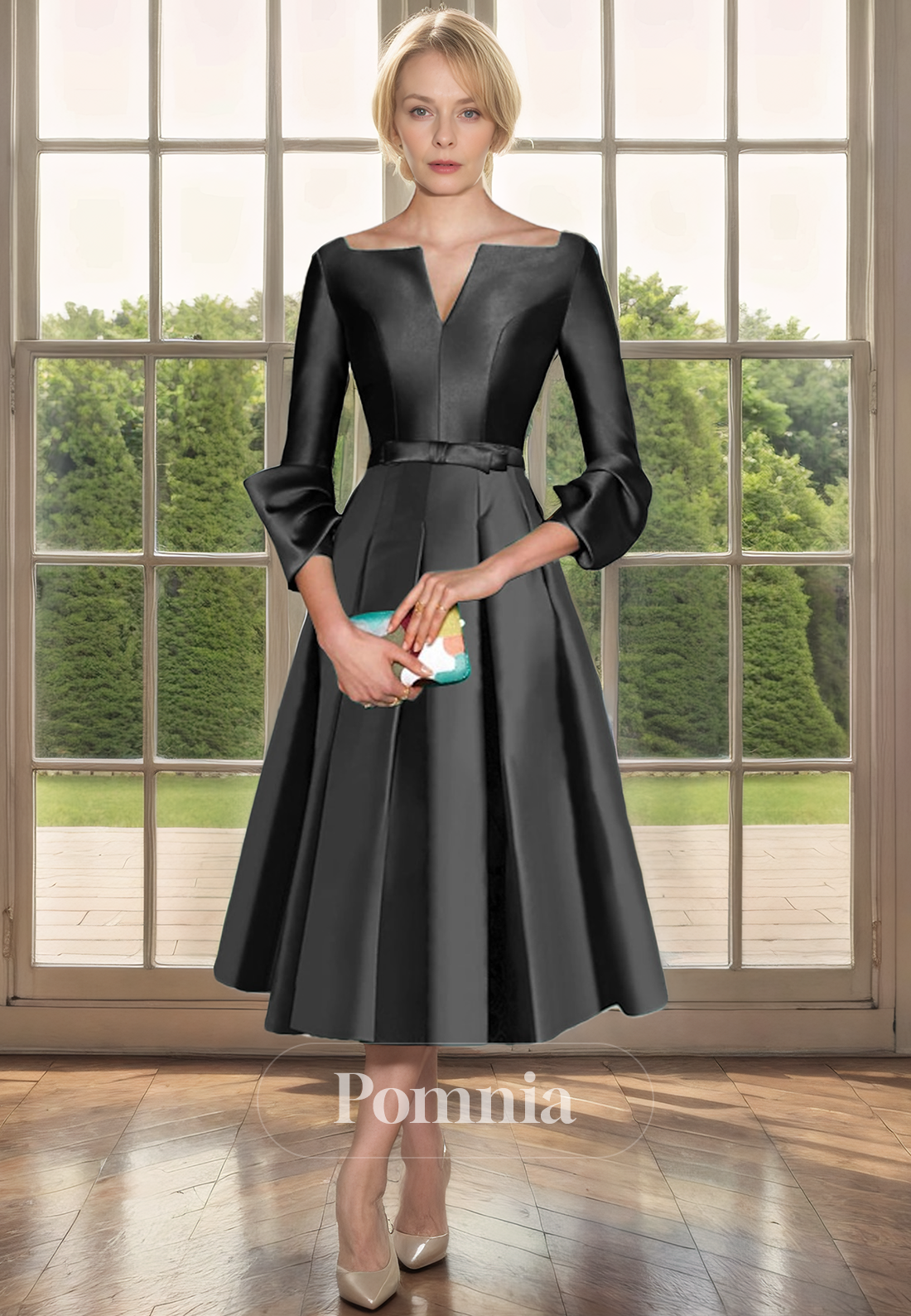 A-Line Empire-Waist Long Sleeves V-Neck Satin Pleated Mother of the Bride Dress