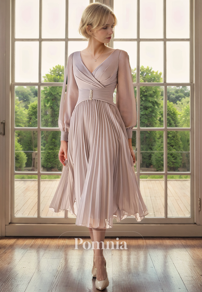 A-Line V-Neck Long Sleeves Chiffon Pleated Long Mother of the Bride Dress