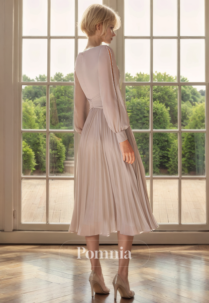 A-Line V-Neck Long Sleeves Chiffon Pleated Long Mother of the Bride Dress