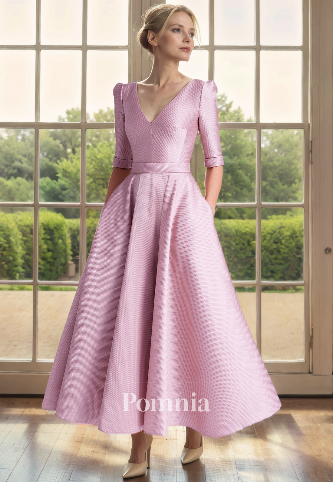 A-Line V-Neck Long Sleeves Pleated with Pockets Long Mother of the Bride Dress