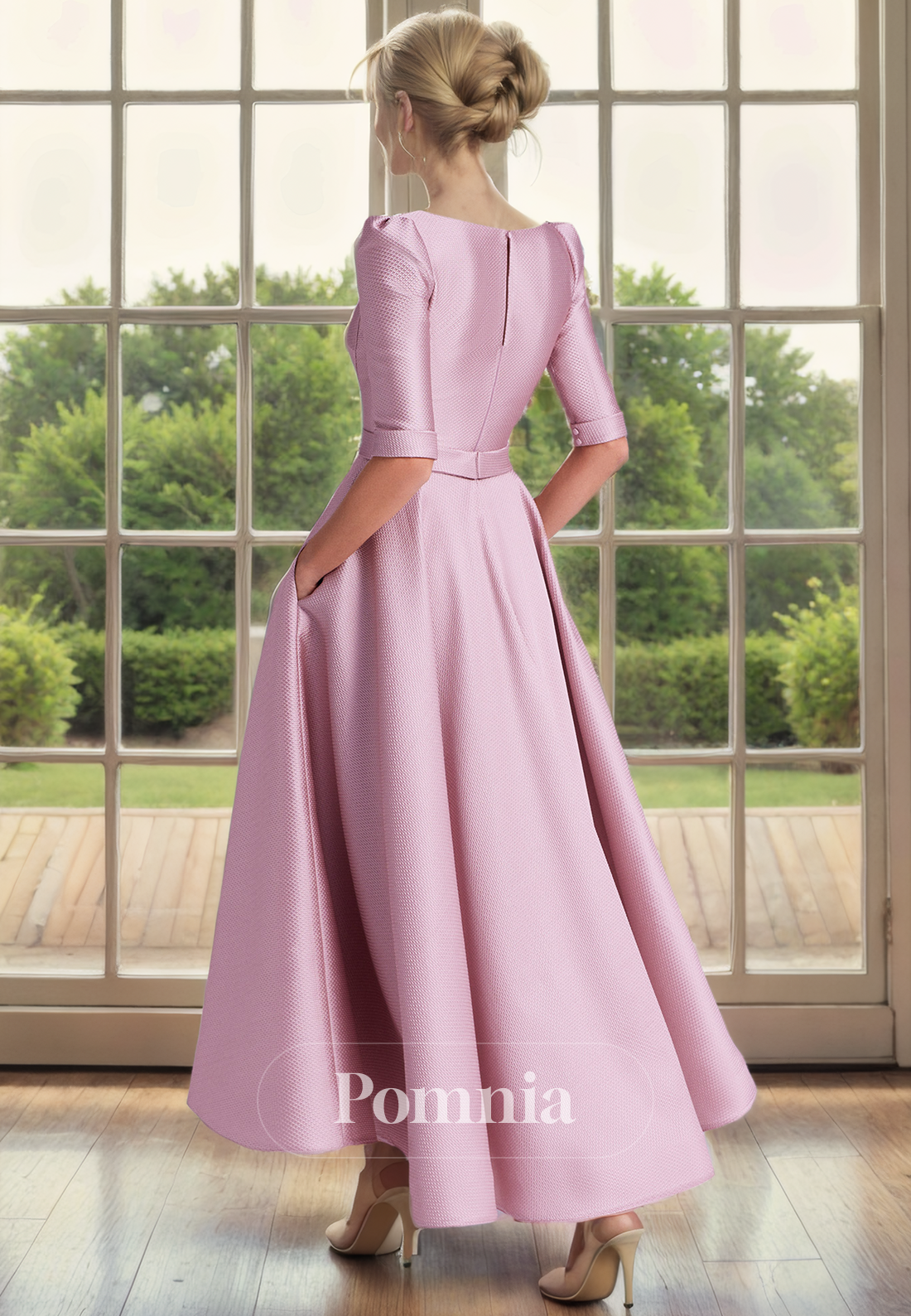 A-Line V-Neck Long Sleeves Pleated with Pockets Long Mother of the Bride Dress