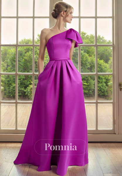 A-Line One Shoulder Sleeveless Pleated with Pockets Long Mother of the Bride Dress