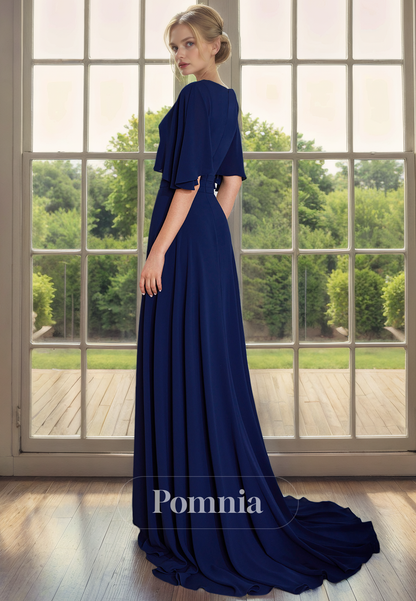 A-Line V-Neck Sleeves Chiffon Empire-Waist Long Mother of the Bride Dress