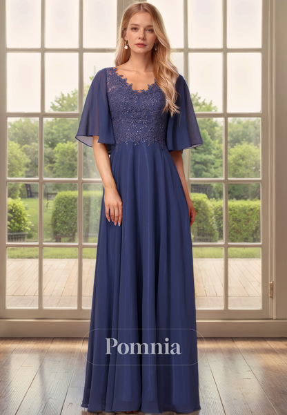 A-Line V-Neck Sleeves Pleated Appliques Long Mother of the Bride Dress