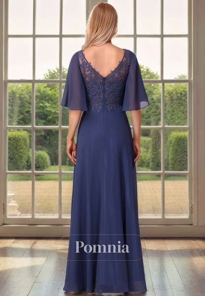 A-Line V-Neck Sleeves Pleated Appliques Long Mother of the Bride Dress