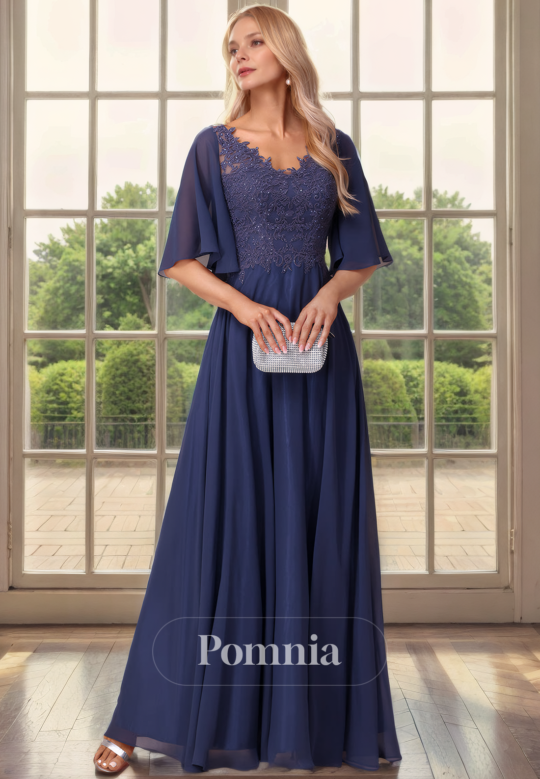 A-Line V-Neck Sleeves Pleated Appliques Long Mother of the Bride Dress