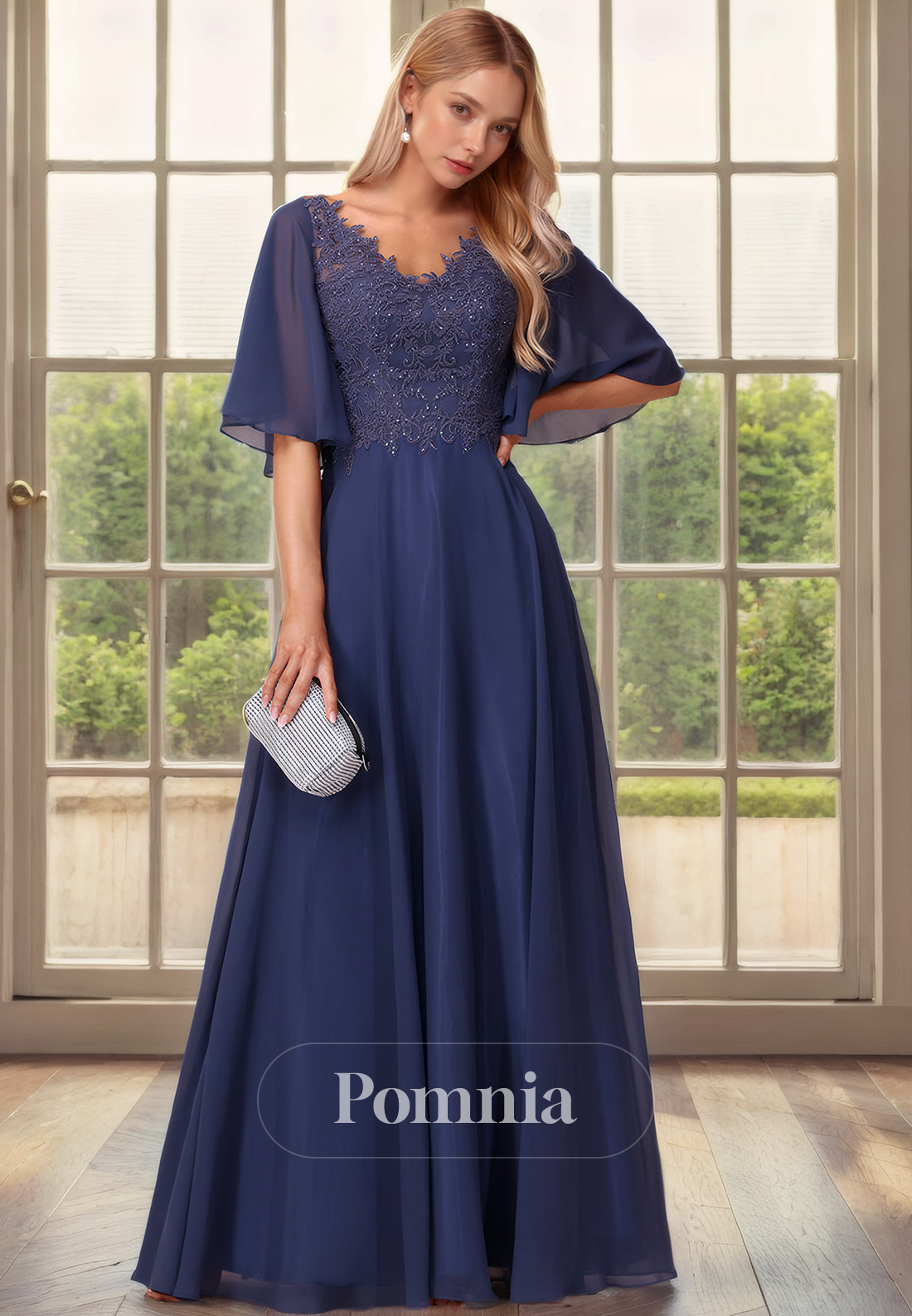 A-Line V-Neck Sleeves Pleated Appliques Long Mother of the Bride Dress