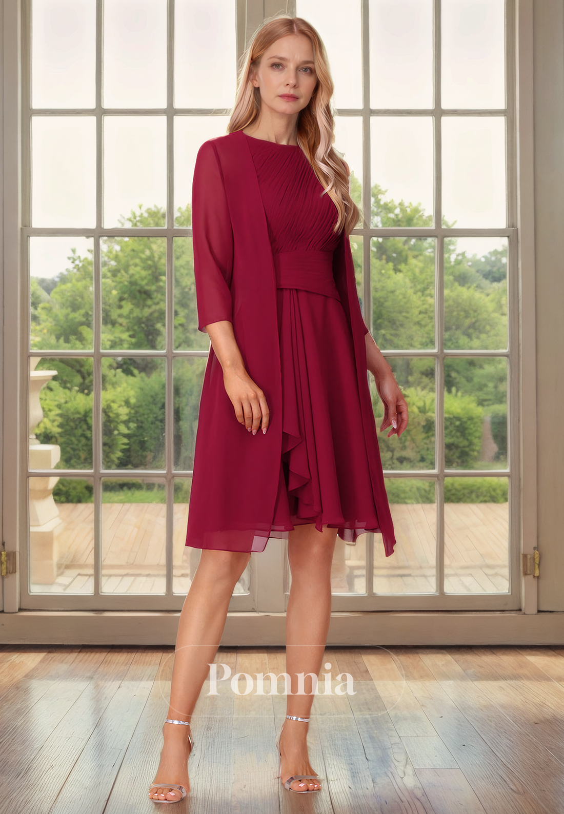 A-Line High Neck Sleeves Chiffon Knee Length Ruched Mother of Bride Dress