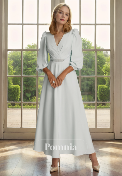 A-line Long Sleeves V-Neck Empire-Waist Pleated Long Mother of Bride Dress