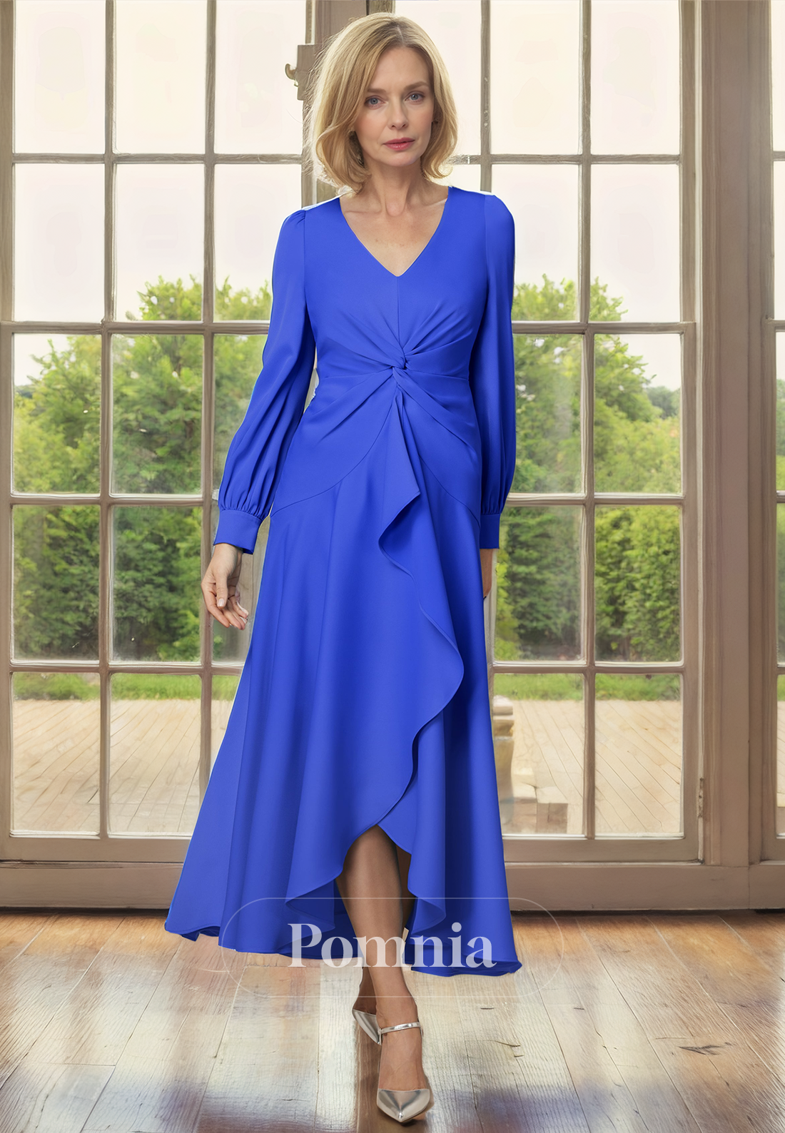 A-Line V-Neck Long Sleeves Ruched Satin Long Mother of Bride Dress