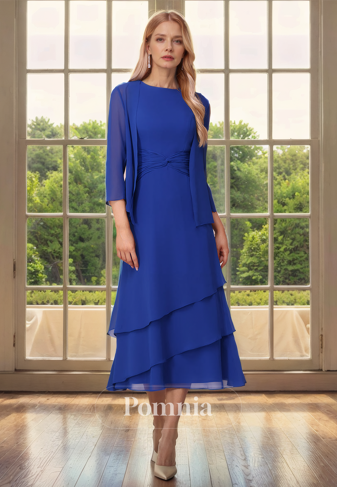 A-Line Scoop Ruched Chiffon Empire-Waist Long Mother of Bride Dress