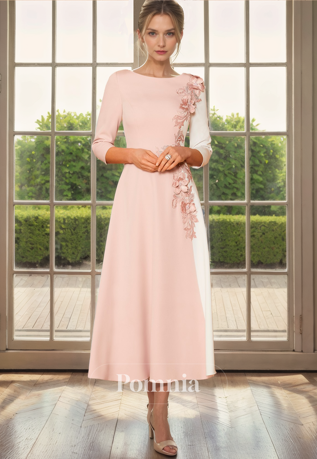 A-Line Scoop Long Sleeves Appliques Pleated Empire-Waist Mother of Bride Dress