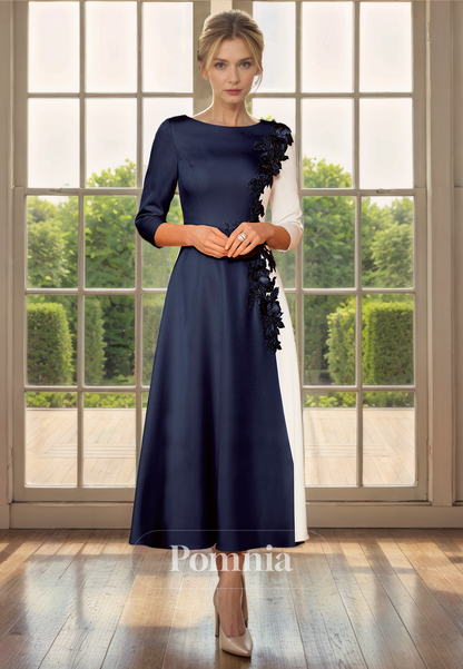 A-Line Scoop Long Sleeves Appliques Pleated Empire-Waist Mother of Bride Dress