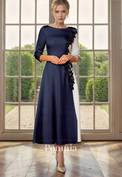 A-Line Scoop Long Sleeves Appliques Pleated Empire-Waist Mother of Bride Dress