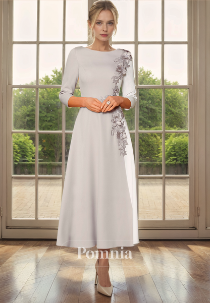 A-Line Scoop Long Sleeves Appliques Pleated Empire-Waist Mother of Bride Dress