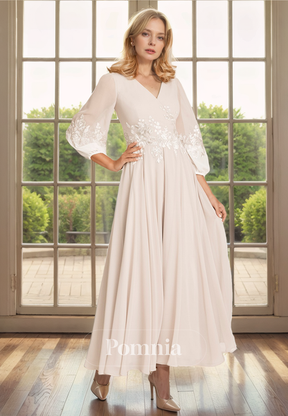 A-Line V-Neck Long Sleeves Appliques Pleated Long Mother of Bride Dress