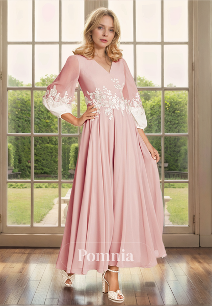 A-Line V-Neck Long Sleeves Appliques Pleated Long Mother of Bride Dress