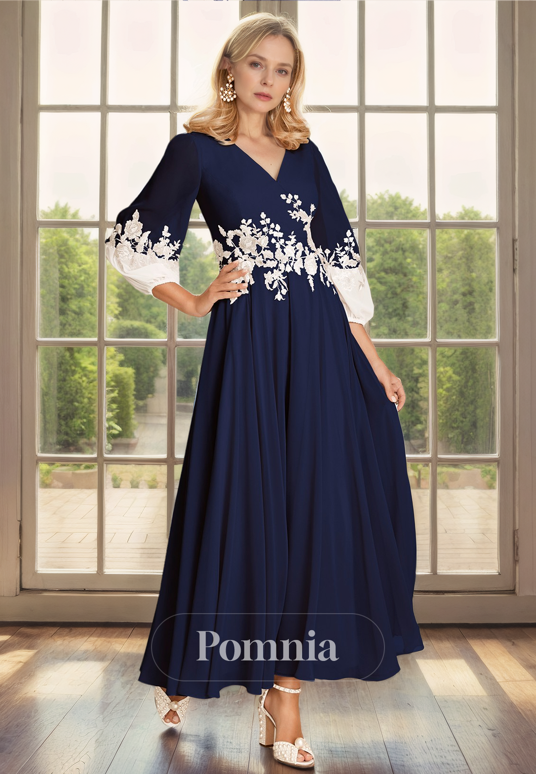 A-Line V-Neck Long Sleeves Appliques Pleated Long Mother of Bride Dress