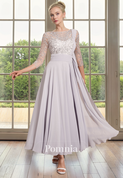 A-Line Scoop Empire-Waist Long Sleeves Appliques Chiffon Long Mother of Bride Dress