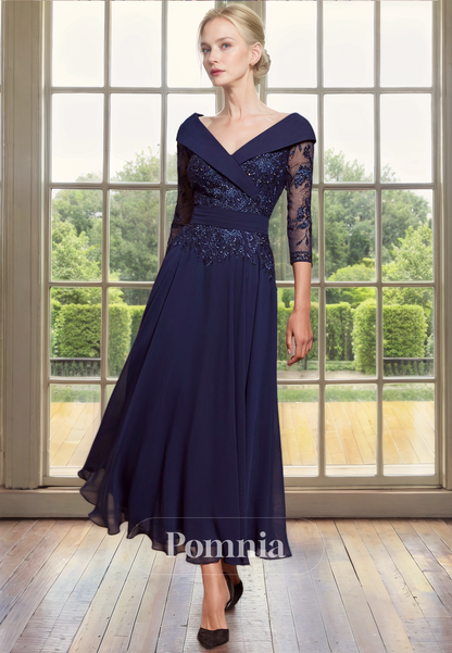 A-Line V-Neck Sleeves Appliques Pleated Empire-Waist Long Mother of Bride Dress