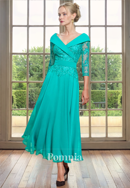 A-Line V-Neck Sleeves Appliques Pleated Empire-Waist Long Mother of Bride Dress