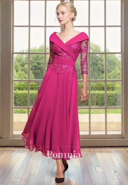 A-Line V-Neck Sleeves Appliques Pleated Empire-Waist Long Mother of Bride Dress