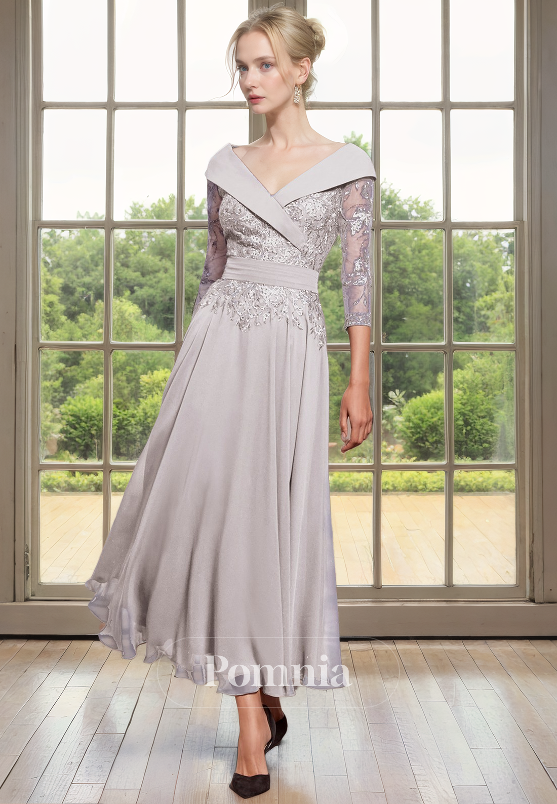 A-Line V-Neck Sleeves Appliques Pleated Empire-Waist Long Mother of Bride Dress