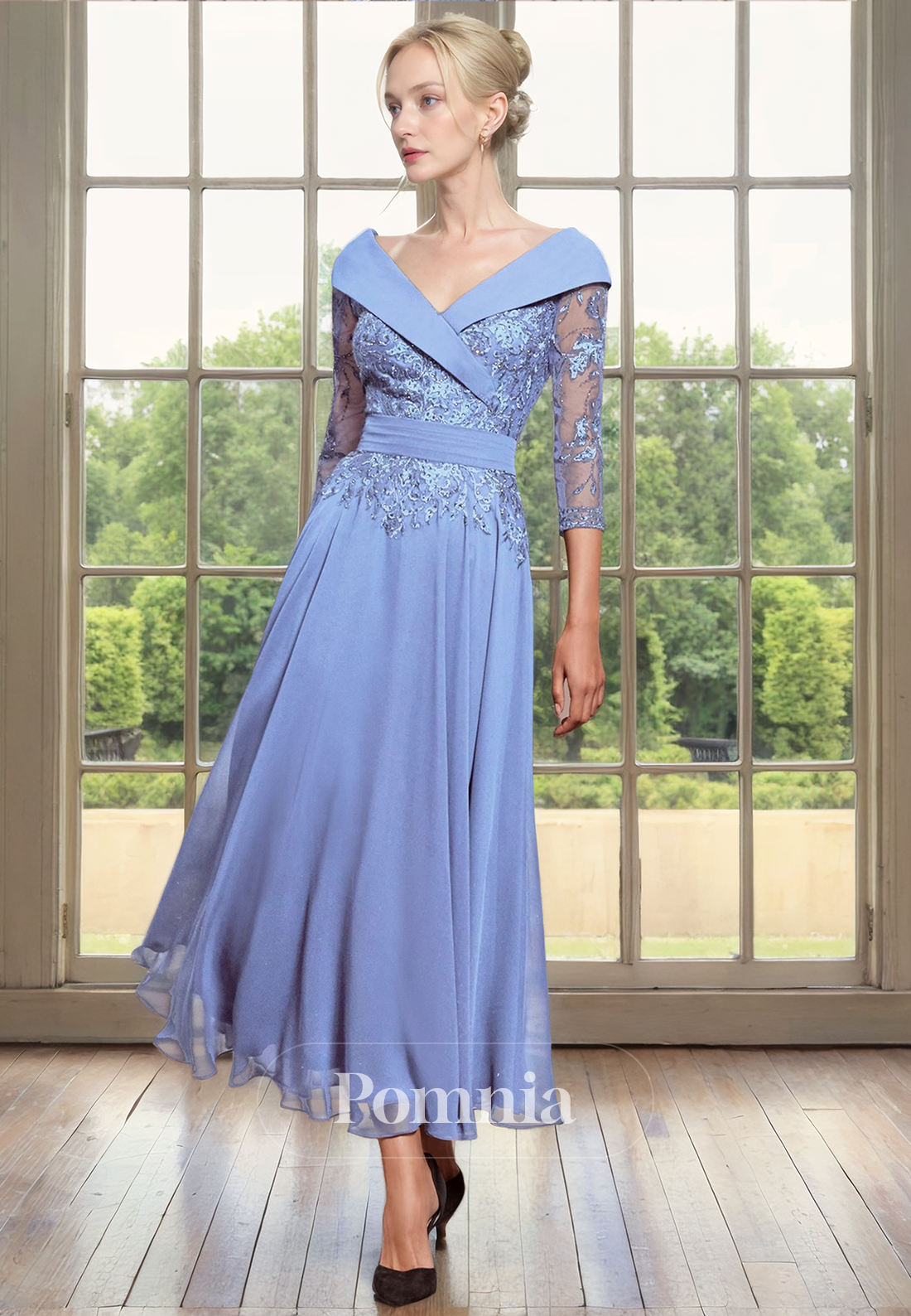 A-Line V-Neck Sleeves Appliques Pleated Empire-Waist Long Mother of Bride Dress