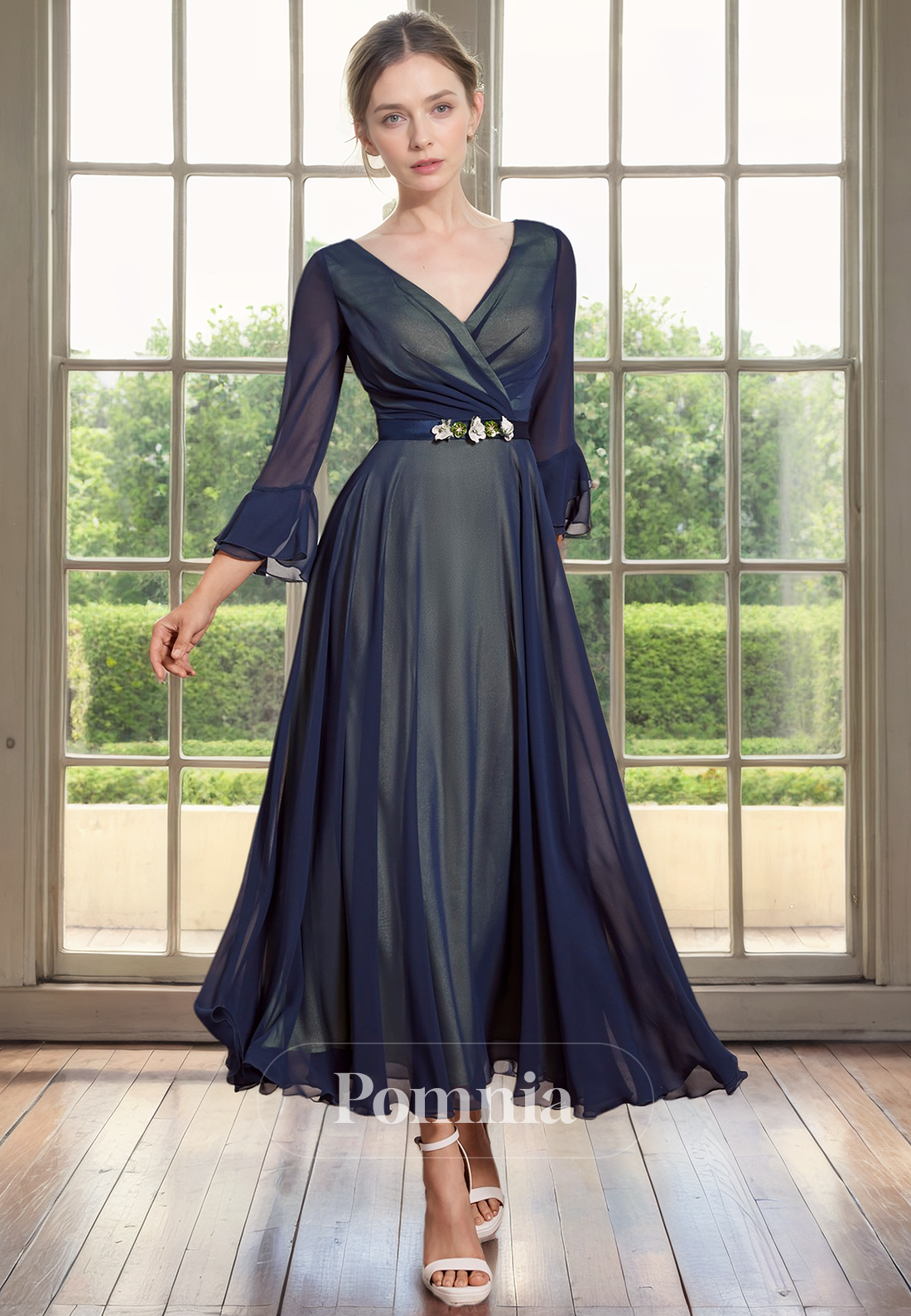 A-Line V-Neck Long Sleeves Pleated Empire-Waist Long Mother of Bride Dress