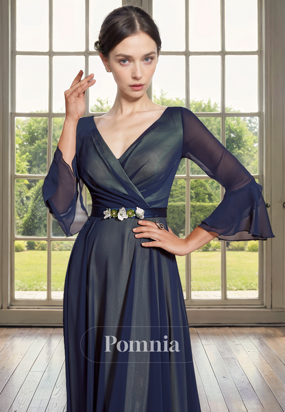 A-Line V-Neck Long Sleeves Pleated Empire-Waist Long Mother of Bride Dress