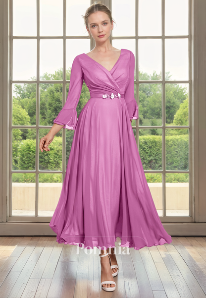 A-Line V-Neck Long Sleeves Pleated Empire-Waist Long Mother of Bride Dress