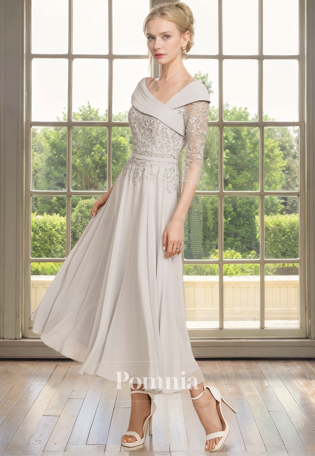 A-Line Empire-Waist Sleeves Appliques Chiffon Pleated Mother of Bride Dress