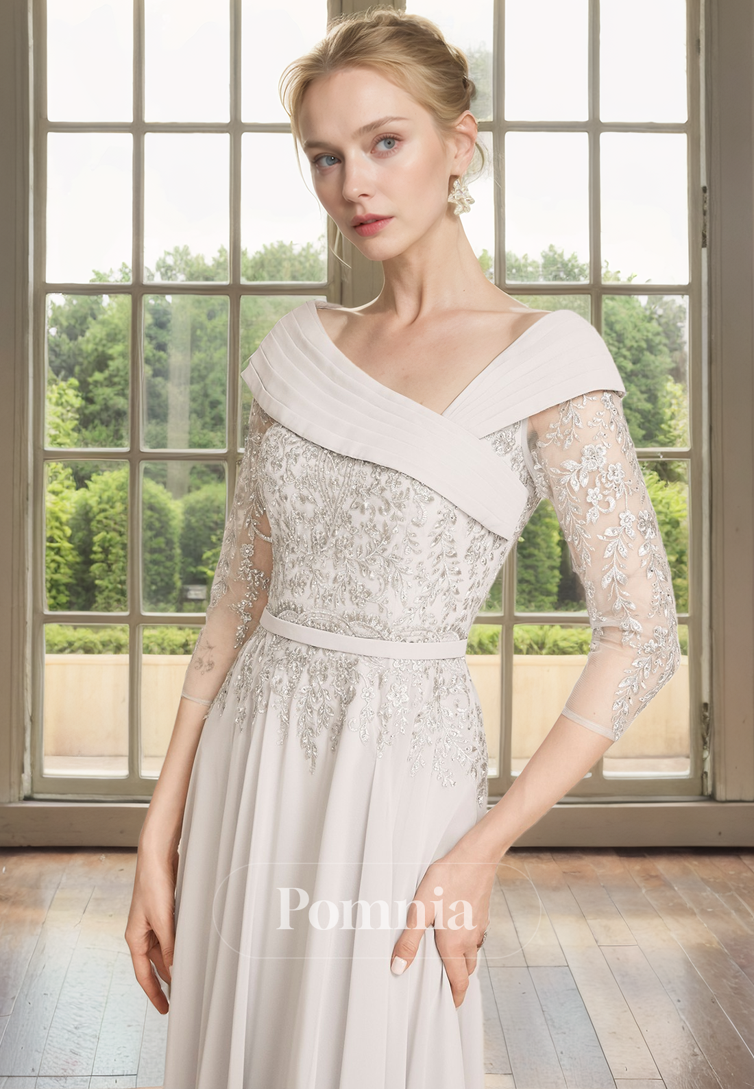 A-Line Empire-Waist Sleeves Appliques Chiffon Pleated Mother of Bride Dress