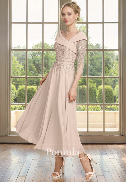 A-Line Empire-Waist Sleeves Appliques Chiffon Pleated Mother of Bride Dress