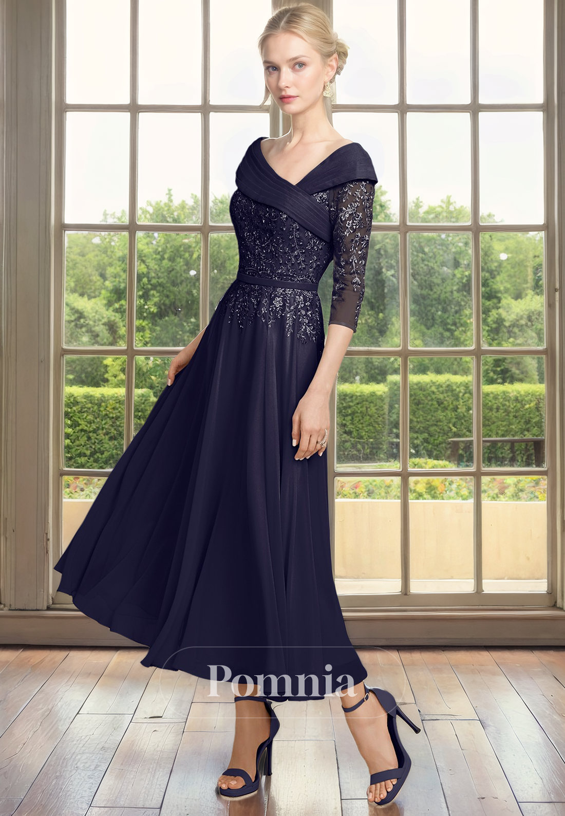 A-Line Empire-Waist Sleeves Appliques Chiffon Pleated Mother of Bride Dress