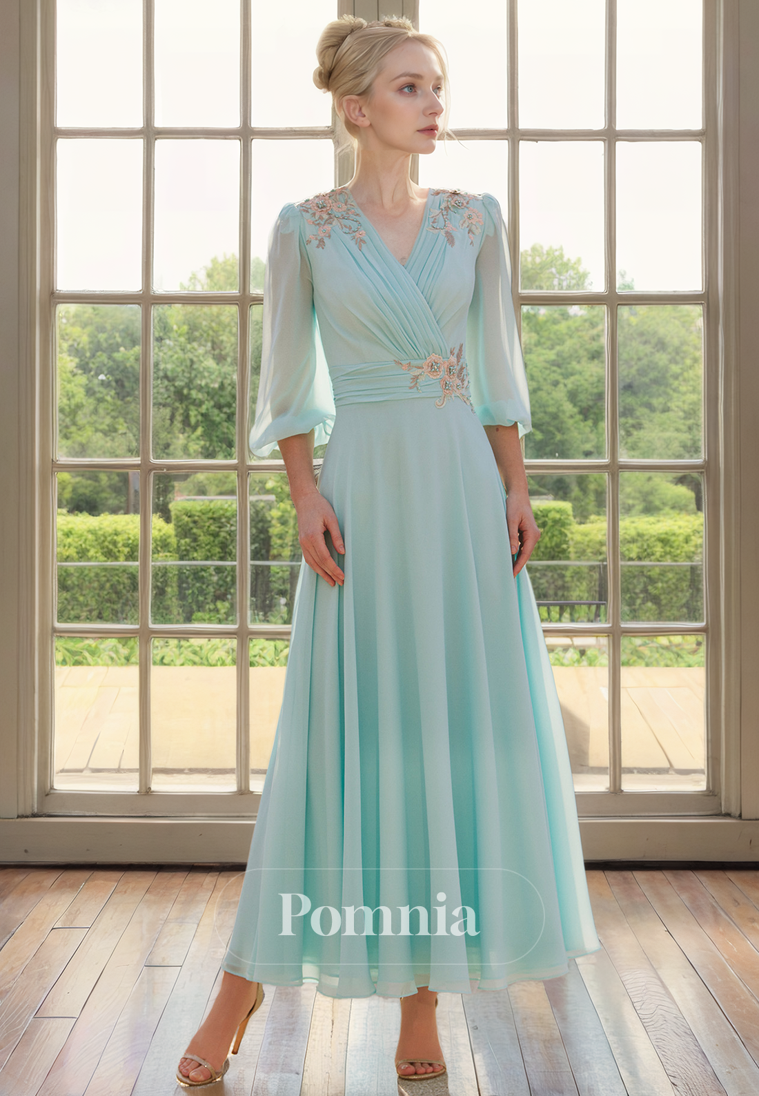 A-Line V-Neck Sleeves Pleated Appliques Long Chiffon Mother of Bride Dress