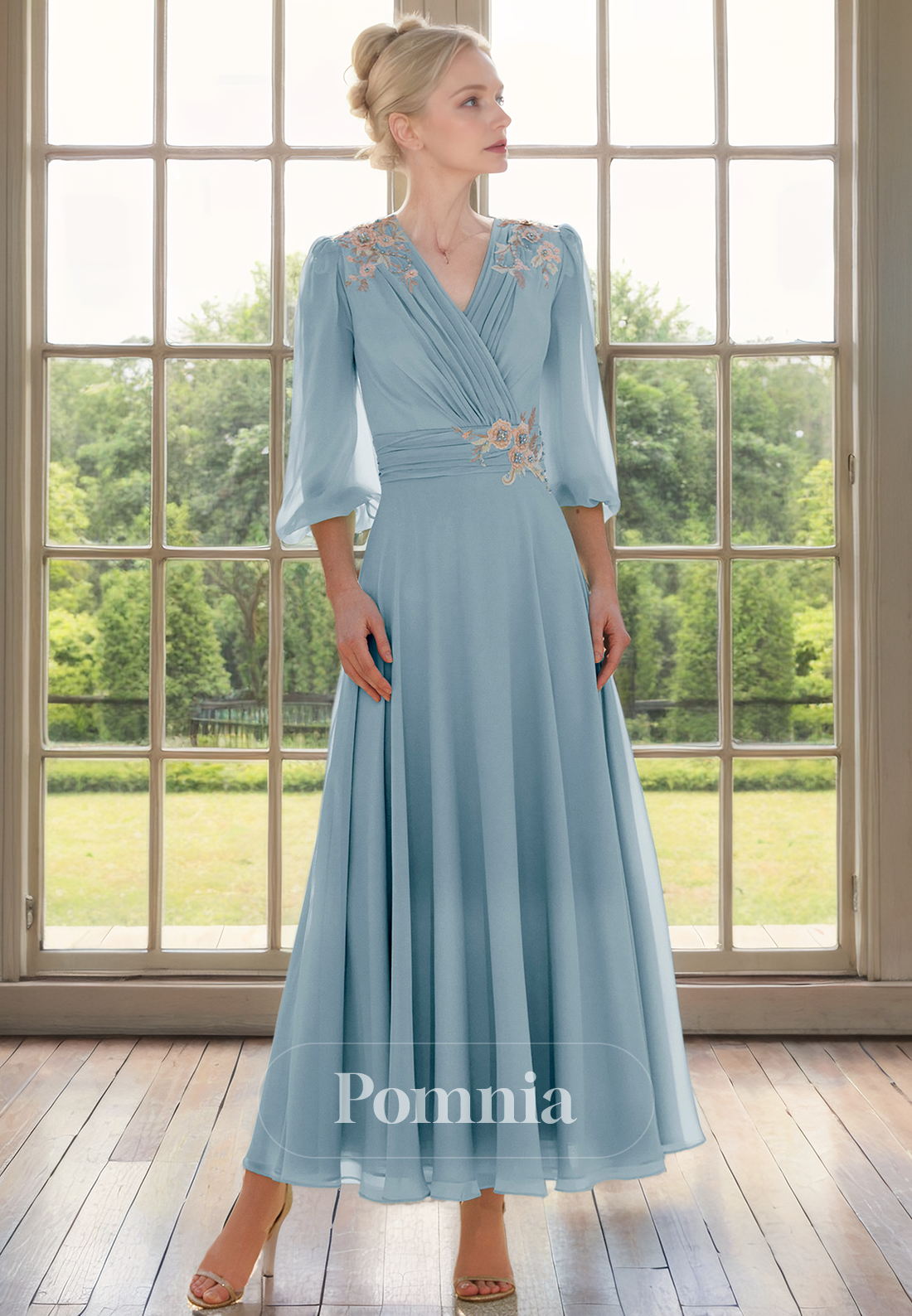 P9082 - A-Line V-Neck Empire-Waist Long Sleeves Chiffon Appliques Mother of Bride Dress