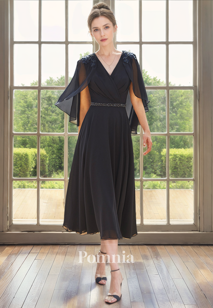 A-Line V-Neck Empire-Waist Pleated Chiffon Long Mother of Bride Dress