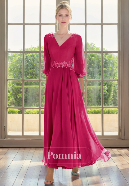 A-Line V-Neck Long Sleeves Empire-Waist Pleated Long Mother of Bride Dress